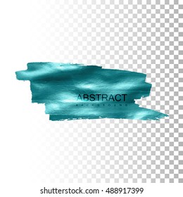 Glowing paint stain banner. Vector paint brush strokes. Abstract glittering textured stain. Vector illustration of a blue foil banner or label on transparent checkered background