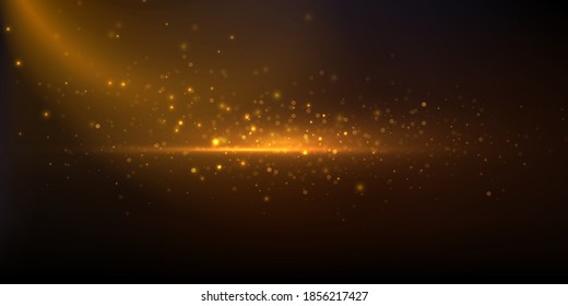 Glowing particles background. Golden magic sparkling lights on dark. 