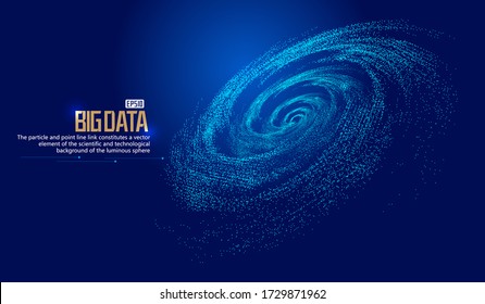 Glowing particles flow spiral, internet technology big data background.