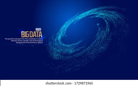 Glowing particles flow spiral, internet technology big data background.