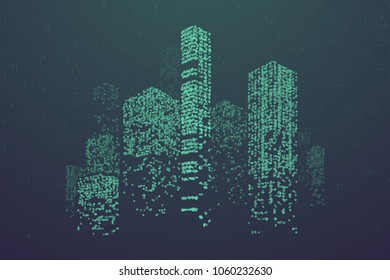 Glowing particles in form of futuristic city skyline. Futuristic dots pattern, abstract binary code  illustration