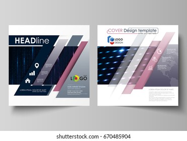 Glowing particles, futuristic digital vector design. Business templates for square brochure, magazine, flyer. Leaflet cover, flat layout. Abstract colorful neon dots, dotted technology background