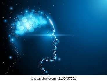 Glowing particles of human face with bright brain, vector illustration