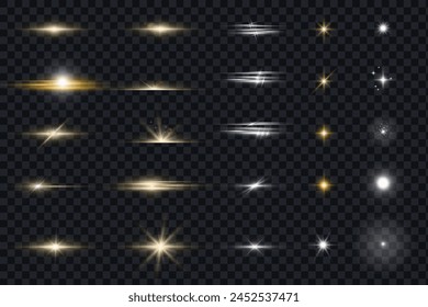 Las partículas brillantes de la luz, el resplandor y el centelleo de las estrellas fijadas, el estallido y las partículas de la luz bokeh efecto en el fondo transparente. Elementos de diseño de Ilustración vectorial.