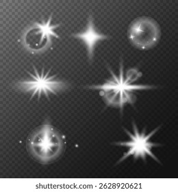 Glowing particles of light, Glare and twinkle of stars set, Starburst and light particles bokeh effect on transparent background. Vector illustration design elements