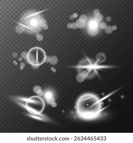 Glowing particles of light, Glare and twinkle of stars set, Starburst and light particles bokeh effect on transparent background. Vector illustration design elements