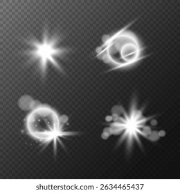 Glowing particles of light, Glare and twinkle of stars set, Starburst and light particles bokeh effect on transparent background. Vector illustration design elements