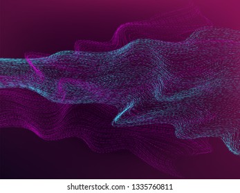 Glowing particles liquid dynamic flow. Trendy fluid cover design.Quantum computing background. Technology for big data, visualization, artificial intelligence and deep learning.