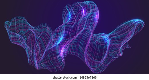 Glowing particles liquid dynamic flow. Trendy fluid cover design. Blue and purple wavy particle surface on dark background. Abstract technology or science banner. Cyber space background. 