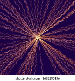 Glowing particles in out of center dynamic flow. Trendy particle cover design.