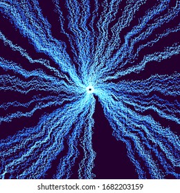 Glowing particles in out of center dynamic flow. Trendy particle cover design.