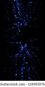 Glowing particles, polka dots on a dark blue background. Vertical festive banner. An elegant holiday pattern. Vector illustration.