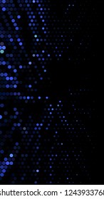 Glowing particles, polka dots on a dark blue background. Vertical festive banner. An elegant holiday pattern. Vector illustration.