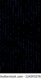 Glowing particles, polka dots on a dark blue background. Vertical festive banner. An elegant holiday pattern. Vector illustration.