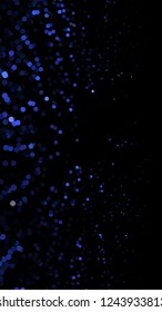 Glowing particles, polka dots on a dark blue background. Vertical festive banner. An elegant holiday pattern. Vector illustration.
