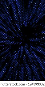 Glowing particles, polka dots on a dark blue background. Vertical festive banner. An elegant holiday pattern. Vector illustration.