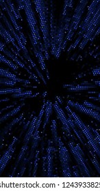 Glowing particles, polka dots on a dark blue background. Vertical festive banner. An elegant holiday pattern. Vector illustration.