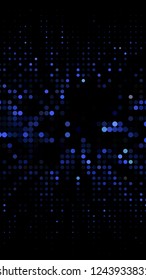 Glowing particles, polka dots on a dark blue background. Vertical festive banner. An elegant holiday pattern. Vector illustration.