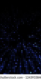 Glowing particles, polka dots on a dark blue background. Vertical festive banner. An elegant holiday pattern. Vector illustration.