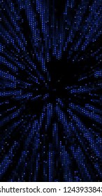 Glowing particles, polka dots on a dark blue background. Vertical festive banner. An elegant holiday pattern. Vector illustration.