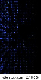 Glowing particles, polka dots on a dark blue background. Vertical festive banner. An elegant holiday pattern. Vector illustration.