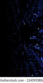Glowing particles, polka dots on a dark blue background. Vertical festive banner. An elegant holiday pattern. Vector illustration.