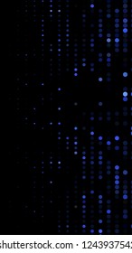 Glowing particles, polka dots on a dark blue background. Vertical festive banner. An elegant holiday pattern. Vector illustration.
