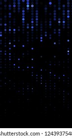 Glowing particles, polka dots on a dark blue background. Vertical festive banner. An elegant holiday pattern. Vector illustration.