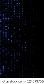 Glowing particles, polka dots on a dark blue background. Vertical festive banner. An elegant holiday pattern. Vector illustration.