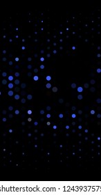 Glowing particles, polka dots on a dark blue background. Vertical festive banner. An elegant holiday pattern. Vector illustration.