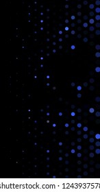 Glowing particles, polka dots on a dark blue background. Vertical festive banner. An elegant holiday pattern. Vector illustration.