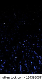Glowing particles, polka dots on a dark blue background. Vertical festive banner. An elegant holiday pattern. Vector illustration.