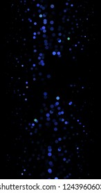 Glowing particles, polka dots on a dark blue background. Vertical festive banner. An elegant holiday pattern. Vector illustration.