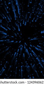 Glowing particles, polka dots on a dark blue background. Vertical festive banner. An elegant holiday pattern. Vector illustration.