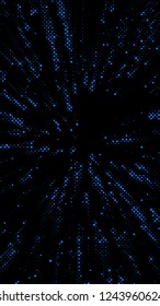 Glowing particles, polka dots on a dark blue background. Vertical festive banner. An elegant holiday pattern. Vector illustration.
