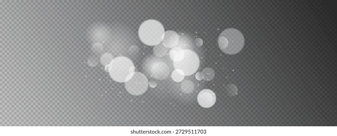 Las partículas brillantes con polvo brillante crean una atmósfera mágica sobre un fondo transparente. Brillo de plata y llamaradas brillantes perfectos para la superposición festiva, diseño de celebración, decoración de Navidad.