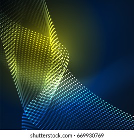 Plantilla de diseño de ondas de partículas brillantes, concepto de luz de tecnología vectorial