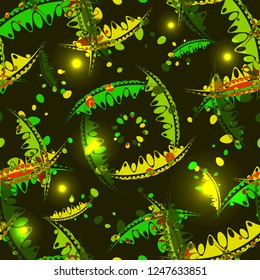 Glowing pattern of delicate leaves and petals of garden plants in summer green and yellow tones. For paper, cloth or organic products.