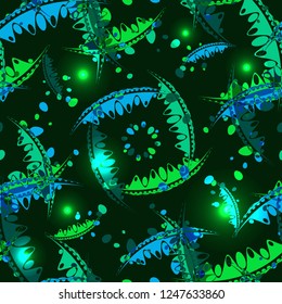 Glowing pattern of delicate leaves and petals of garden plants in blue and green tones. For paper, cloth or organic products.