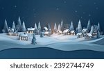 Glowing pine forest village under night sky in peaceful snowy landscape – winter holiday scene.