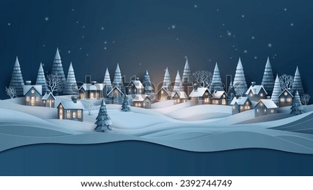Glowing pine forest village under night sky in peaceful snowy landscape – winter holiday scene.