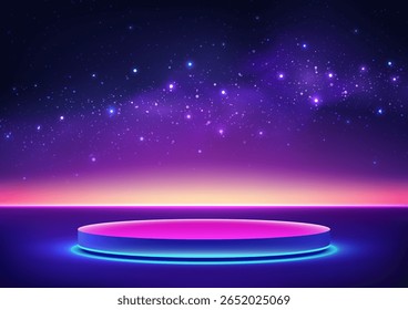 glowing pink and blue circular podium stands in a futuristic sci fi showroom beneath a starry sky. This cosmic scene captures high tech design, ideal for product display and digital mockups