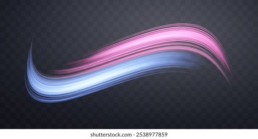 Glowing pink and blue lines. Dynamic neon realistic energy speed wave. Abstract curve twirl light effect on a dark background. Vector illustration.