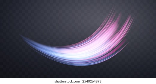 Glowing pink and blue lines. Dynamic neon realistic energy speed wave. Abstract curve twirl light effect on a dark background. Vector illustration.