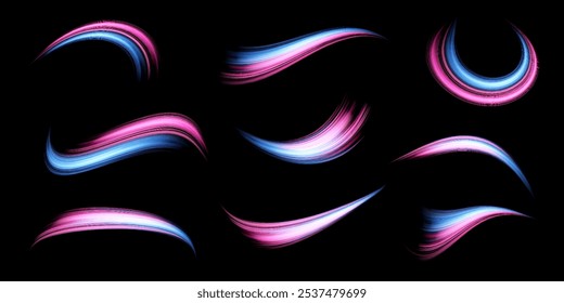 Glowing pink and blue lines set. Dynamic neon realistic energy speed wave. Abstract curve twirl light effect on a dark background. Vector illustration.