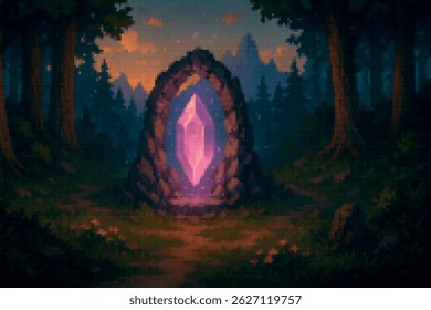 A glowing pink crystal stands inside a ring of stones in a quiet forest clearing at twilight. Magical and mysterious atmosphere perfect for fantasy themes.