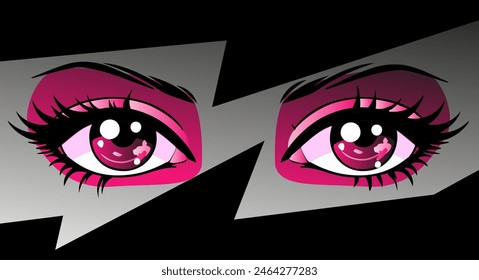 Leuchtende rosa Augen mit rotem Schatten und langen Wimpern. Vektorillustration im Retro-Anime-Stil der 90er Jahre.