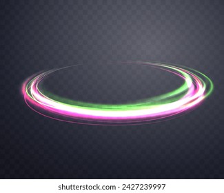 Glowing pink and green magic rings. Dynamic orbital flare halo ring. Neon realistic energy swoosh swirl. Abstract light effect on a dark transparent background. Vector illustration.