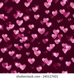 Glowing pink hearts sequins background. Metallic hearts random pattern. Valentines day design.
