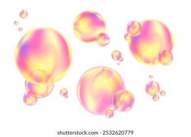 Conjunto de burbujas 3D iridiscentes de color rosa brillante o gotas de espuma fluida aisladas sobre fondo transparente. Composición holográfica estética para cosmetología, ciencia de la belleza, concepto molecular de cuidado de la piel.